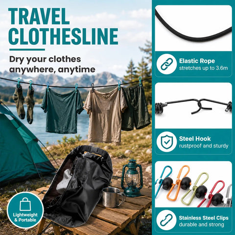 Grab And Go Portable Travel Washing Machine With Retractable Clothesline For Hotels Cruises And Camping Easy Manual Hand Wash Bag drying clothes outdoors on a camping trip.