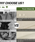 Comparison of patio chair covers: thin fabric vs Porch Shield's 600D polyester with waterproof coating and double stitching.