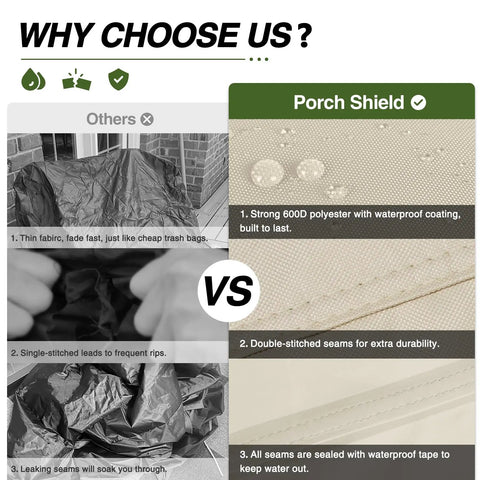 Comparison image showing waterproof outdoor bench sofa cover advantages over others, with 600D polyester and waterproof coating.