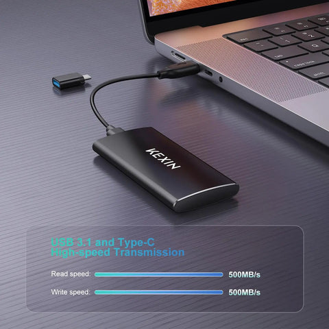 256GB USB 3.1 Type C External SSD Drive connected to laptop showcasing aluminum build and speed chart at 500MB/s