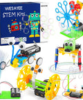 Six In One STEM Robotics Kit For Kids Ages Eight To Twelve with bubble machine, robots, and electronic components displayed