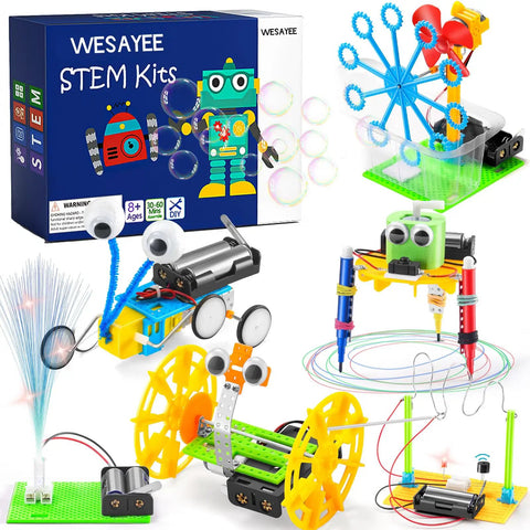 Six In One STEM Robotics Kit For Kids Ages Eight To Twelve with bubble machine, robots, and electronic components displayed