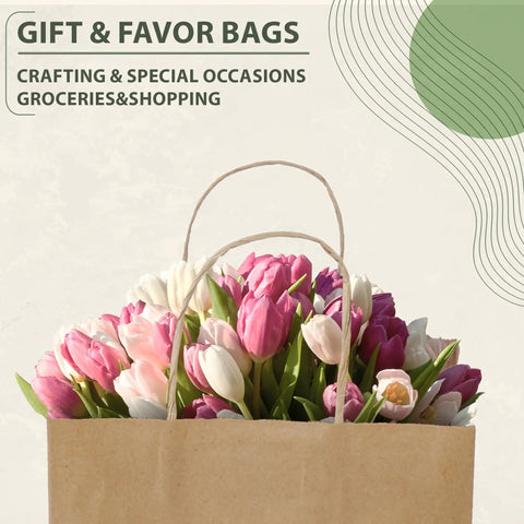 100 Pack Kraft Paper Gift Bags With Handles, Medium Brown 8x4.25x10.25 Inch Recycled Kraft Bags With Pink Tulips