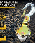 Hella Sturdy 2 Pack Snatch Block Pulley With Swivel Eye And Hoist Hook 2 Ton 4400 Lbs Capacity Zinc Coated Steel close up of pulley with hook and features on rocky surface.