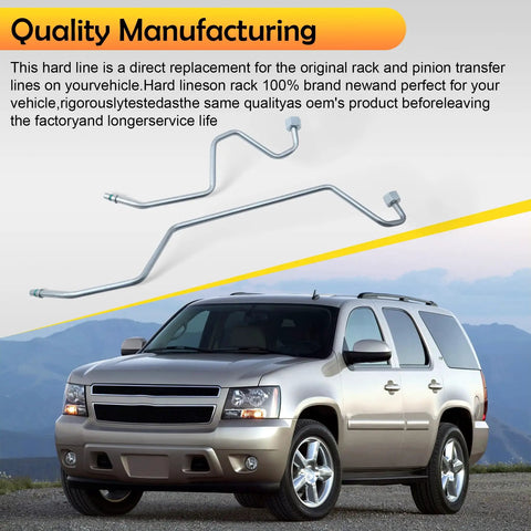 Rack Pinion Transfer Lines Kit For 2008-2014 Chevy Silverado Tahoe with stainless braided hoses displayed above SUV