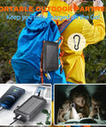 Solar Charger Portable 20000mAh Battery Pack With USB C And Dual LED Flashlights on a backpack in outdoor setting