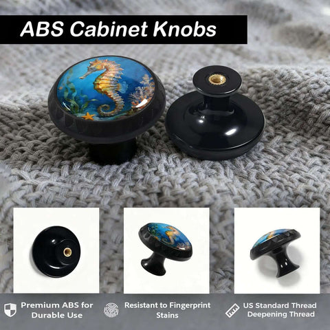 Four Pack Blue Seahorse Cabinet Knobs For Kitchen And Bath, Ocean Theme Drawer Pulls With Coral And Starfish Detail