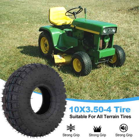 Beefy Heavy Duty 4.10/3.50-4 Tire And Inner Tube Set With Bent Valve Stem, suitable for lawn mower and outdoor equipment use.