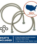 Heavy Duty Stainless Steel Washing Machine Hoses, 4-Foot, 2-Pack With Lead-Free Construction and Protective Coating, includes washers