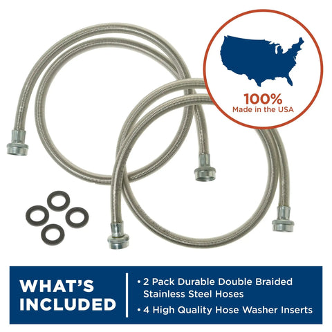 Heavy Duty Stainless Steel Washing Machine Hoses, 4-Foot, 2-Pack With Lead-Free Construction and Protective Coating, includes washers