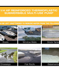 Illustration showing uses for iSwitch Auto On-Off Submersible Pump, 0.25 HP, Reinforced Thermoplastic in various water draining scenarios