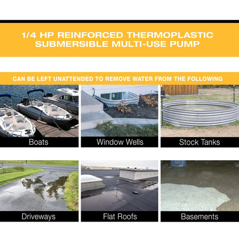 Illustration showing uses for iSwitch Auto On-Off Submersible Pump, 0.25 HP, Reinforced Thermoplastic in various water draining scenarios
