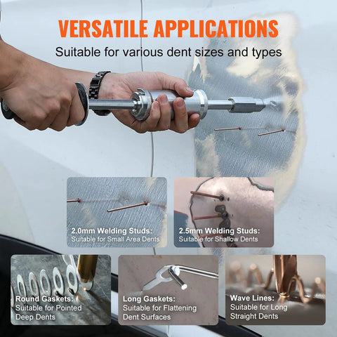 Hand using Stud Welder Dent Repair Kit for Auto Body Fixes, 800W Spot Welder with 5 Welding Modes on car panel.