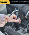 Mechanic using Three Eighth Inch Drive Extra Long Extension Set With 18 Inch 24 Inch 30 Inch Extensions Chrome Plated Cr V Steel for engine repair.