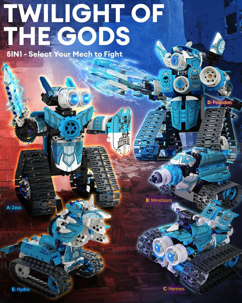 Image of 5-In-1 STEM RC Robot Building Kit With 408 Pieces App Control And Remote Blocks, showcasing different robot designs.