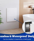 Dead Simple Self Adhesive Access Panel For Drywall 6 By 8 Inch mounted in a bathroom, showcasing its waterproof design and seamless look.