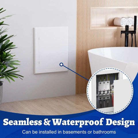 Dead Simple Self Adhesive Access Panel For Drywall 6 By 8 Inch mounted in a bathroom, showcasing its waterproof design and seamless look.