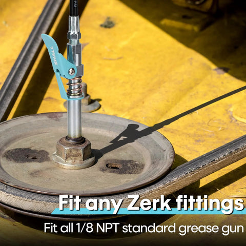 Shall grease gun coupler with quick-release locking lever, turquoise metal body, fits 1/8 NPT zerk fittings