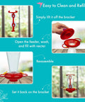 Window Hummingbird Feeder With Side Ports For Clear Viewing Big 20 Oz Nectar Capacity Durable Plastic Easy Clean And Refill Strong Suction Cups Outdoor Window Bird Feeder For Kids And Pets with cleaning and refill instructions