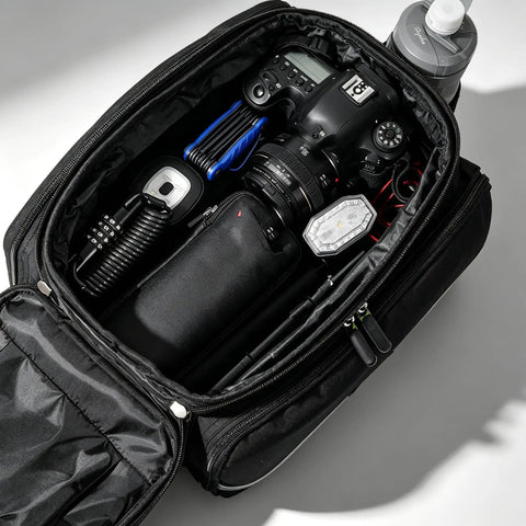 Cool Quick Access Cycling Frame Bag For E-Bike And Mountain Bike With Sleek Wedge Shape To Carry Small Essentials On Your Ride Smoothly Today. Black nylon 1.2L frame bag with zipper open, holding camera and tools