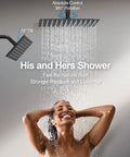 GRANDJOY 12" Digital Display Shower System, 3-Function, Matte Black in use with dual shower heads, capturing water spray.