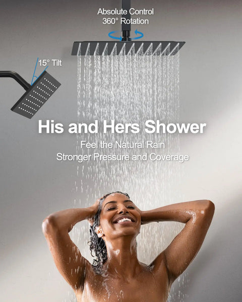 GRANDJOY 12" Digital Display Shower System, 3-Function, Matte Black in use with dual shower heads, capturing water spray.