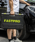 Person holding case for 249-Piece Mechanics Tool Set Must-Have Pro Grade with SAE and Metric Sockets near car