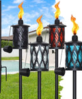 4 Pack Glass Outdoor Citronella Torches With 14 Oz Fuel, Adjustable 30 To 59 Inch Height, Multi Color Glass Flames On 4 Prong Grounded Stakes, Rust Resistant Metal, 8 To 10 Hour Burn Time, Party Ready For Patio Yard Garden Parties