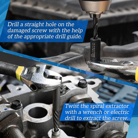 24 Piece Broken Bolt Extractor Kit With Left Hand Drill Bits Screw Extractors And Drill Bit Guides in use on damaged screw