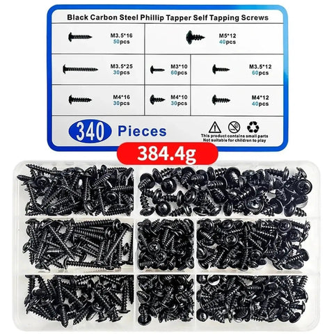 340 Piece Black Phillips Self Tapping Screws Set M3 M3.5 M4 M5 With Washer And Cross Head Pad Kit Assortment Box For DIY Projects