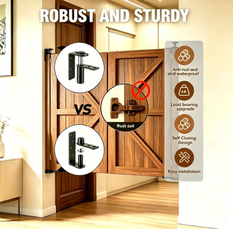 Comparison of Badass Heavy Duty 304 Stainless Steel Self Closing Cafe Door Hinges, showcasing rust resistance and installation features.