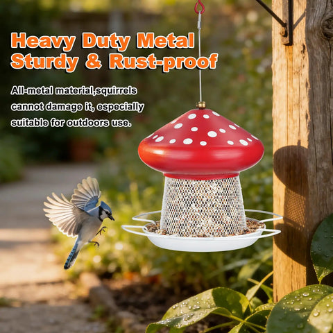 Heavy Duty Metal Mushroom Bird Feeder For Outdoor Hanging In The Garden Or Yard, Cute Red Bird Feeder That Attracts More Birds