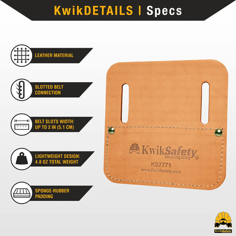 TIKO Tie Wire Reel Pad with Lightweight Leather Hip Pad for Ironworkers Belt Attachment on display with product details