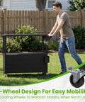 Man pushing 80 Qt Rolling Ice Chest With Tabletop Cooler Cart On Wheels For Patio And Outdoor Kitchen Prep Station Drink Cooler