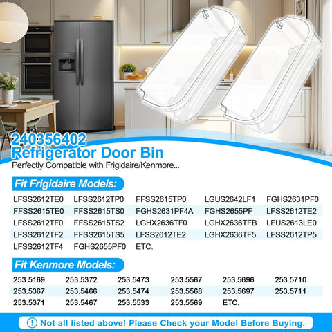 2 Pack Beefed Up Refrigerator Door Bin Replacement for side by side models with top shelves in kitchen setting