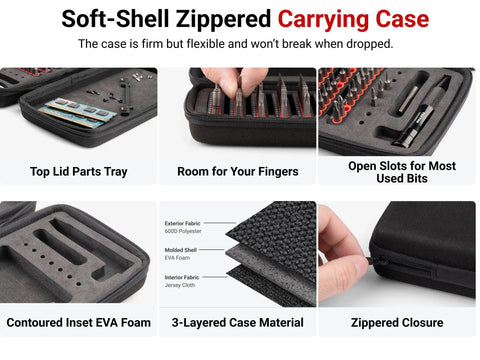 Zippered soft-shell carrying case for 4 mm Precision Bit Driver And 97 Piece Bit Set with secure EVA foam inserts and layered material.