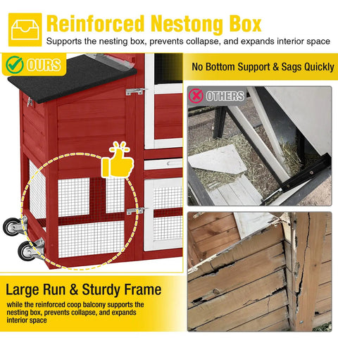Mobile Chicken Coop On Wheels For Four To Six Chickens With Run And Two Nesting Boxes Backyard Expandable Chicken House 82.4 Inch Red