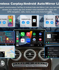 Mercedes Benz Wireless CarPlay Retrofit Kit Decoder Module For NTG5.0 NTG5.1 NTG5.2 Systems Fits GLA CLA C117 X117 X156 W205 2015 2018, Adds Wireless Android Auto, Reversing Camera, OEM Car Controls, Easy Plug In Installation No Fuss Setup interface showing CarPlay, Android Auto, and Mirror Link functions.
