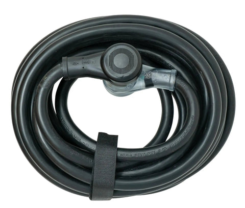 Top view of coiled Beefy Heavy Duty RV Extension Cord For Campers, 30 Amp, 10 Gauge, 3 Conductor, 30 Ft Weather Resistant Black STW Power Cable
