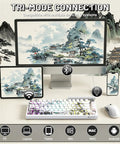 Slick Wireless Mechanical Gaming Keyboard With Roomy 75 Percent Tkl Build And Fresh Bamboo Top Plate featuring tri-mode connection with devices.