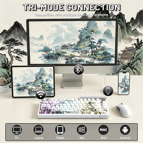 Slick Wireless Mechanical Gaming Keyboard With Roomy 75 Percent Tkl Build And Fresh Bamboo Top Plate featuring tri-mode connection with devices.