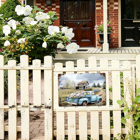 Vintage Blue Farm Truck Metal Tin Sign Rustic Country Farmhouse Wall Decor Floral Old Pickup Scene Retro Plaque For Garage Barn Decor 12x8 Inch Garden Style on a white fence.