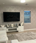 Living room with TV and Peel And Stick 3D Gray Floral Damask Wallpaper For Bedroom Removable Embossed Self Adhesive Wall Covering