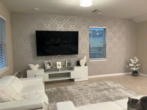 Living room with TV and Peel And Stick 3D Gray Floral Damask Wallpaper For Bedroom Removable Embossed Self Adhesive Wall Covering