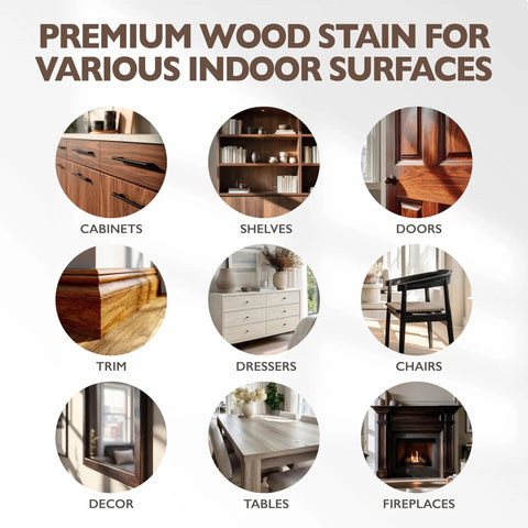Premium Interior Water Based Wood Stain In Jacobean Featuring Hella Rich Color And Rapid One Hour Dry Time on cabinets, shelves, and doors.