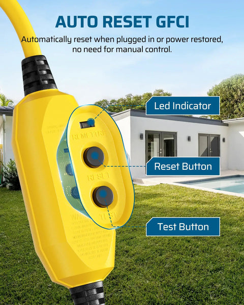 Outdoor GFCI Extension Cord 3 Ft Heavy Duty 12/3 SJTW With LED Indicator Light 3 Prong Plug 15A 125V 1875W Yellow UL Listed
