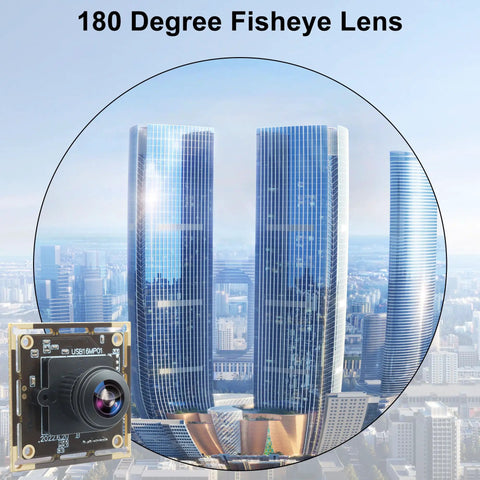 16MP Wide Angle USB Camera Module With 180 Degree Fisheye Lens for Linux Windows Android Mac showing cityscape view