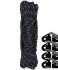 Taut Line Kit With 550 Paracord For Hanging Gear On A Travel Clothesline Heavy Duty 50 Ft Reflective Paracord For Towels Boots Backpacks Tarps And More Black with 4 line tensioners.