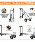 Heavy Duty 4 In 1 Convertible Hand Truck Dolly Cart With 1000 Lbs Capacity Folding Frame showing folding instructions and modes.