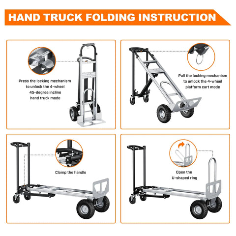 Heavy Duty 4 In 1 Convertible Hand Truck Dolly Cart With 1000 Lbs Capacity Folding Frame showing folding instructions and modes.